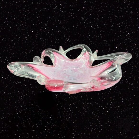 Decorative Art Glass Pink Clear Bowl Basket Swirly Edges 6.5"Wide 2"Tall - Picture 11 of 11